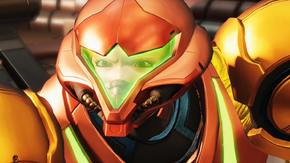 Samus glaring at Robot Chozo Soldier