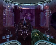 A Dark Grenchler facing off against Samus in the Dungeon.