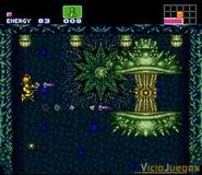 Samus disparando dos misiles a la Planta de Esporas en Super Metroid.