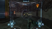Samus battles a Power Trooper at the base of the room.
