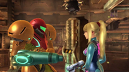 Samus, with and without her Power Suit, on the stage.