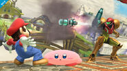 Samus fires a Super Missile at Mario and Kirby in Super Smash Bros. for Wii U.