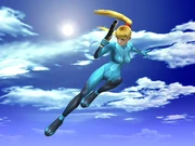 Samus does a kick during her Flip Jump in Brawl