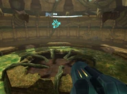 Flaahgra's missing flower base (seen via Sequence Breaking) and the Artifact of Wild positioned high above.