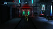 Samus at the exit of the room.