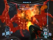 PowerMetroidPrimeFlameThrowerMP1.png (873 KB) Samus damages Metroid Prime in Yellow exo form using Flamethrower.