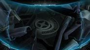 The Federation Mark engraved on the chest of a Cyborg Zebesian
