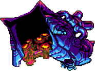 Its sprite when defeated. Its red face droops to its lowest point and its arms explode off.