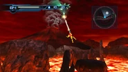 Samus utilizando el Rayo Enganche y un Volcán al fondo