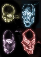 Rostros de los distintas personalidades; en el sentido de las agujas del reloj: El Niño, El Mártir, El Asesino y La Madre.