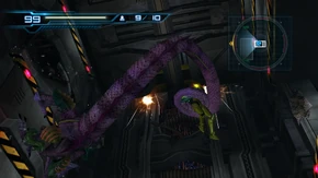 MOM Samus and Ghalmanian under falling elevator