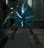 A Shield Pirate Trooper, also from the 2006 prototype. The shield's bright blue color may have been an early implementation of the yellow highlights that appear on objects vulnerable to the Grapple Beam in the final game.