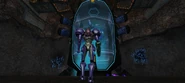 Samus approaches the gigantic stasis tank containing the creature.