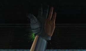 Samus's left hand with the Lasso equipped.