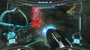 Samus faces a Hunter Metroid in the Phazon Mines.