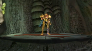 Samus boards an elevator in Echoes.