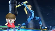 Zero Suit Samus strikes Villager with a Hammer.