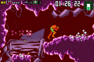 Samus escaping the rocky cave in Zero Mission