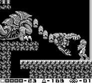 The Queen Metroid biting during her long-necked attack