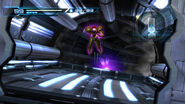 Samus jumps to escape the closing blast doors before Sector Zero is sealed off to the vaccum of space.