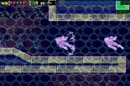 Samus Shinesparking toward one of the sloped ledges.