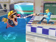 Zero Suit Samus "grapples" Wario in a stock photo included in every copy of Brawl.