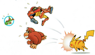 Artwork of Pikachu's attack causing knockback on Samus, Donkey Kong, and Yoshi