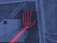 Samus activates a Hand Scanner in Corruption while using the X-Ray Visor. Her skeletal hand can be seen.