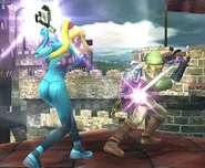 Basic04 070705d-l.jpg (44 KB) Zero Suit Samus about to use her Side Smash on Link.