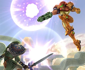 Samus uses her Aerial Fire in Super Smash Bros. Brawl.