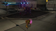 Samus battles the Rhedogian.