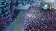 Samus navigates a fallen ice pillar across a pool of water.