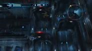 Samus upside-down in one of the rooms.