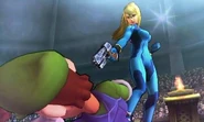 Zero Suit Samus about to use a Down Smash Attack on Luigi.
