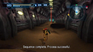 Samus runs through a small corridor, in which a Grapple Point allows her to cross the room without disturbing a Sandfang.