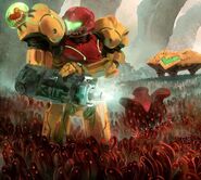 Samus Aran y un pequeño Metroid