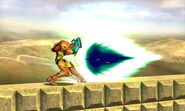 Samus firing a Shot Gun beam with use of a custom in Super Smash Bros. for Nintendo 3DS.