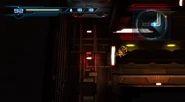 Samus jumps up to the top of the shaft; the blast shield is above her.