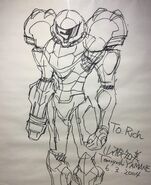 A drawing of Samus done for Vorodi by Tomoyoshi Yamane (her designer for Super Metroid) in 2004. It was displayed in a frame behind him during his Kiwi Talkz interview.