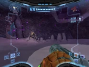 Samus spots the deceased Luminoth to the left, along with a swarm of Nightbarb.