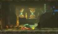 Arachnus trips and falls after being hit by a Bomb in its Ball form in Samus Returns