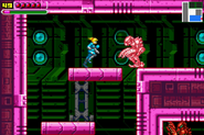 Samus runs past the stunned Zebesian.