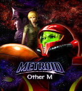 Adam's ghost, on top of Samus and her younger self in the poster of Metroid: Other M.