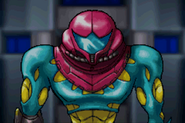 Samus rides an elevator, introspecting during a cutscene in Metroid Fusion.