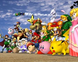 Рекламные обои для экрана с персонажами игры Super Smash Bros. Melee.