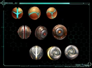 Morph Ball Concept.png (276 KB) Concept art demonstrating the different designs for the Morph Ball of each Suit Samus acquires. The middle row displays the Dark Suit Morph Ball.