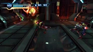Samus battles Super Zebesians in the Bioweapon Research Center generator room.