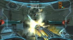 A  crashes through the top railing, debris flying.