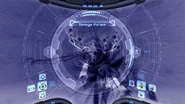 Samus targets the recovering Omega Pirate with the X-Ray Visor.