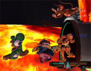 Samus, Wario, Yoshi, and Diddy Kong fighting over the capsule.